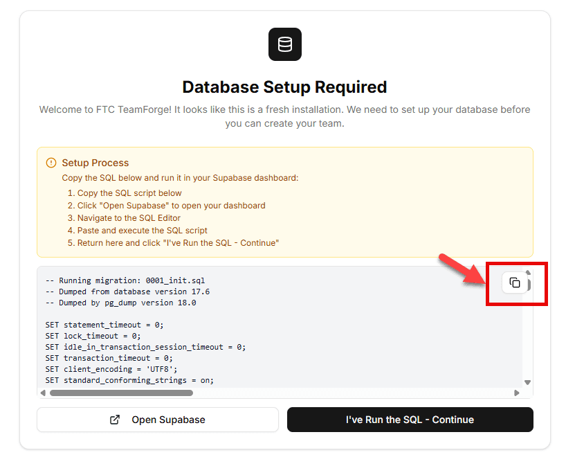 TeamForge showing SQL migration script on first run