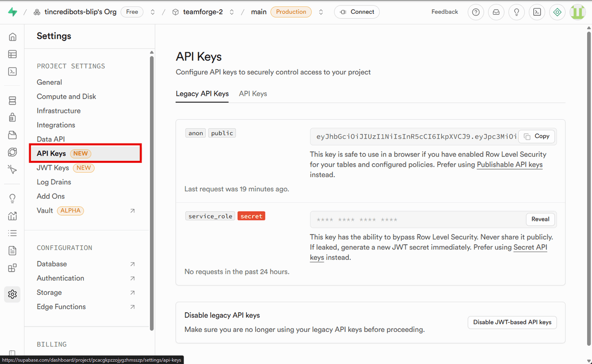 API option in the sidebar