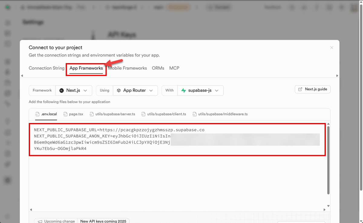 App Frameworks showing URL and Anonymous Key