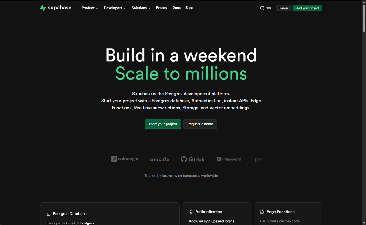 Supabase homepage with sign up button