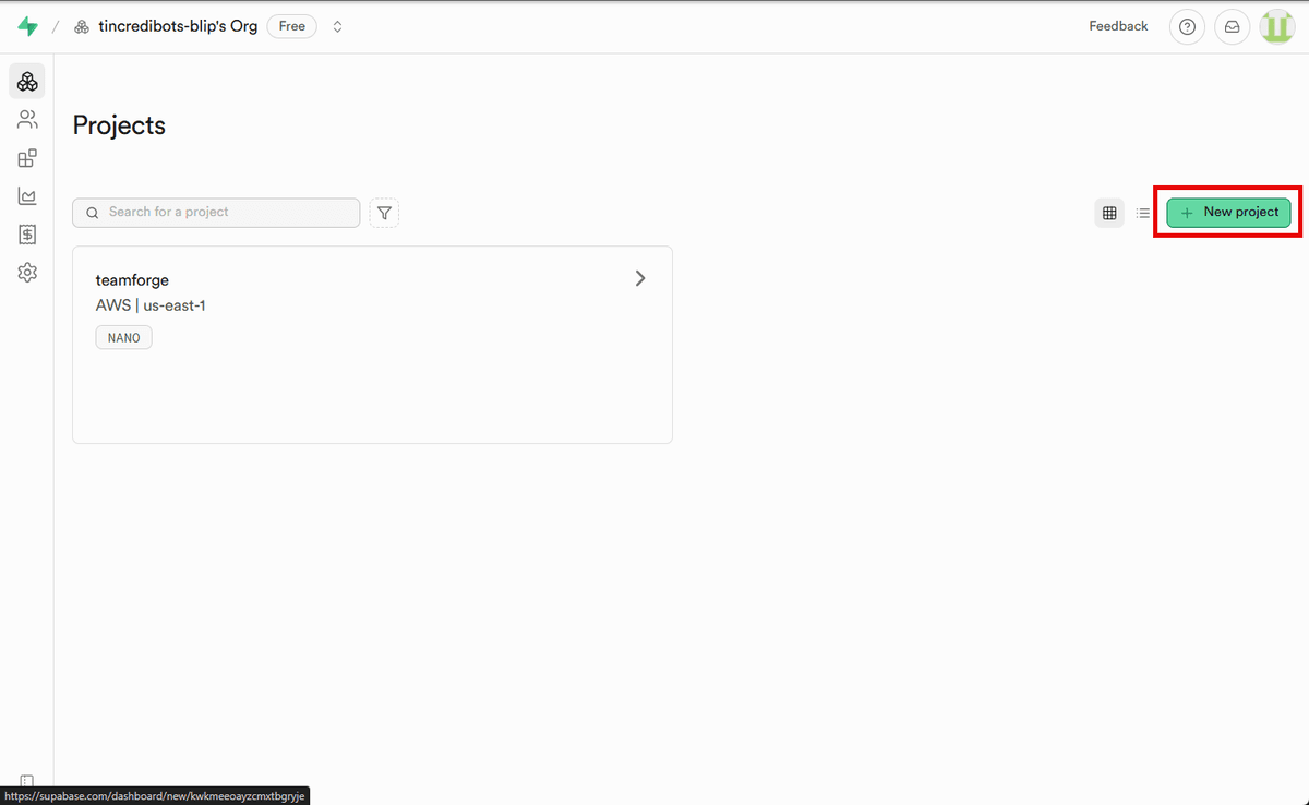 New Project button on Supabase dashboard