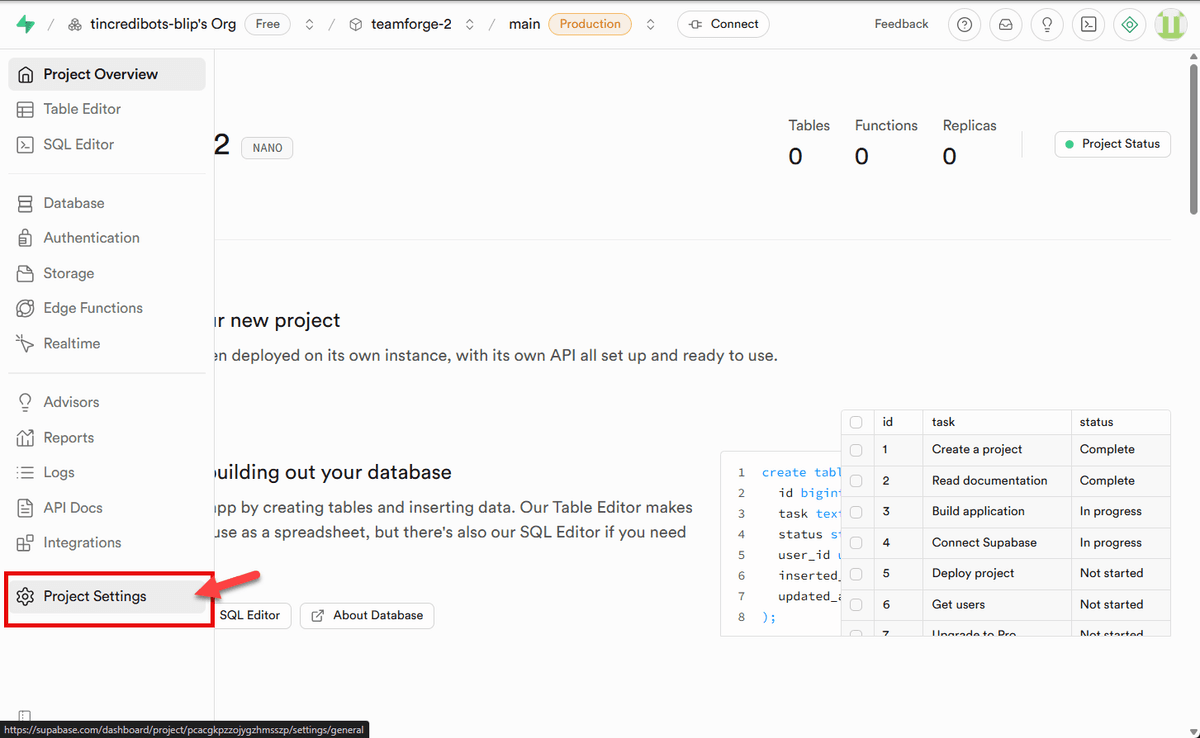 Project Settings in the sidebar