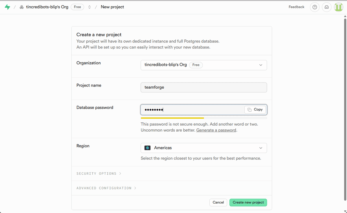 Supabase project configuration form