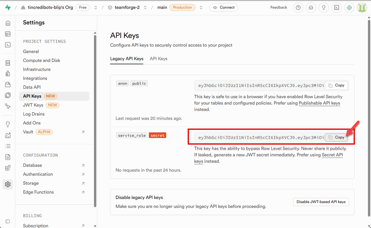 Service role field with Reveal button