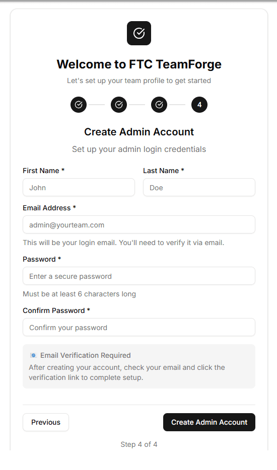 Admin account creation form