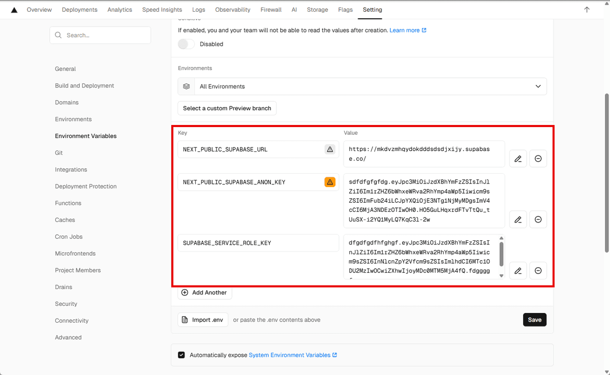Adding environment variables in Vercel