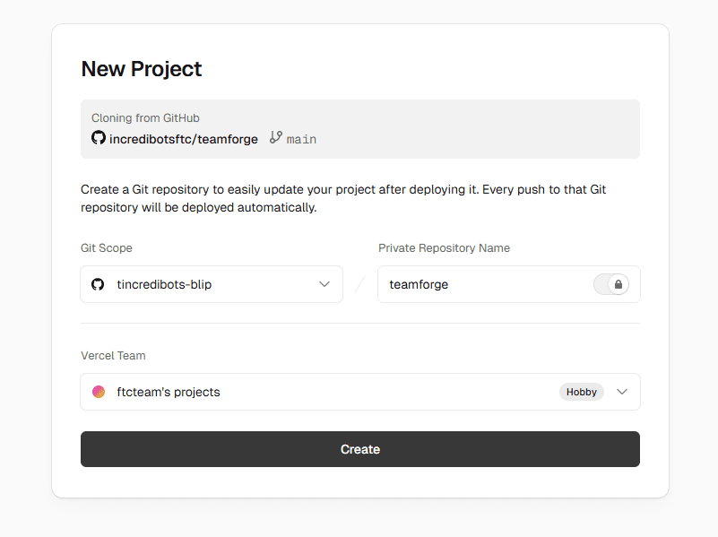 Create Project button in Vercel