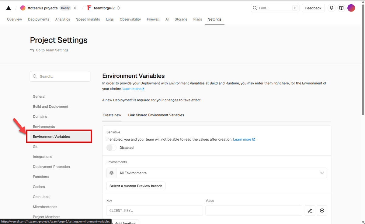 Environment Variables tab in Vercel Settings