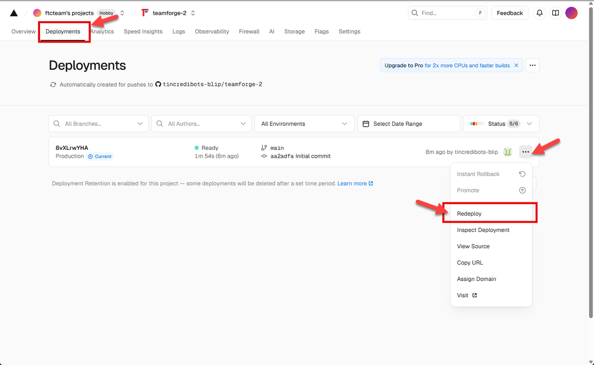 Redeploy button in Vercel