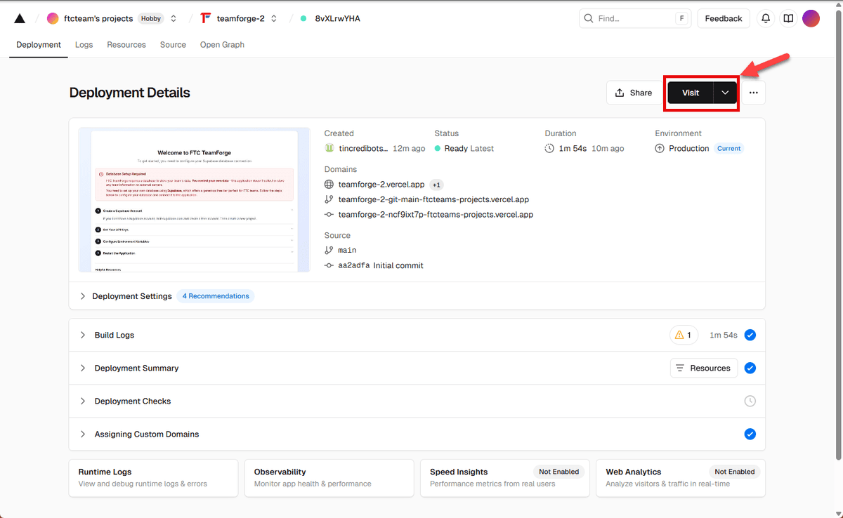Successful deployment screen showing the URL